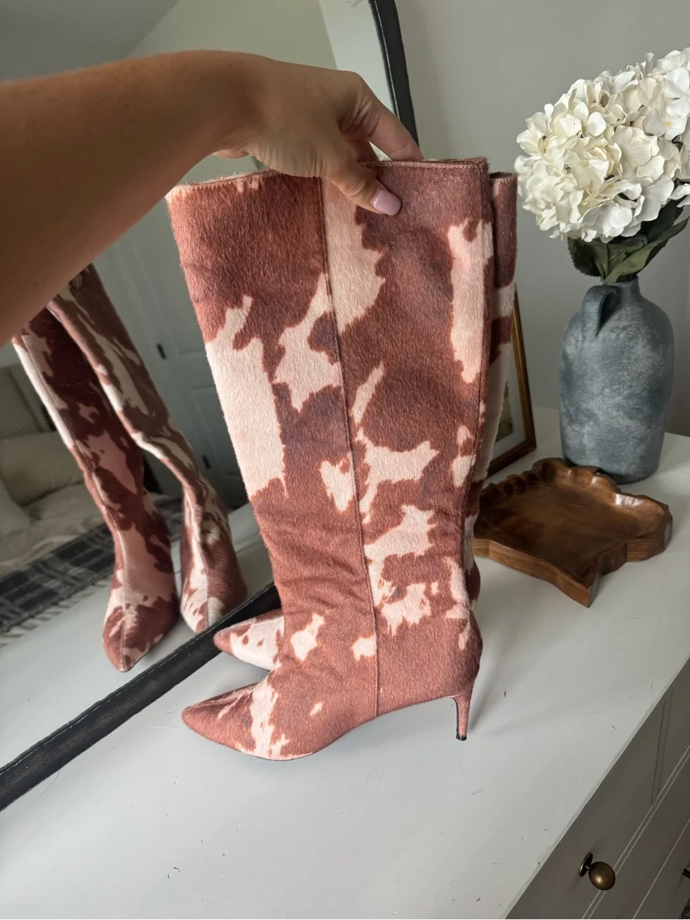 Women's Cowhide Print Knee-High Kitten Heel Boots